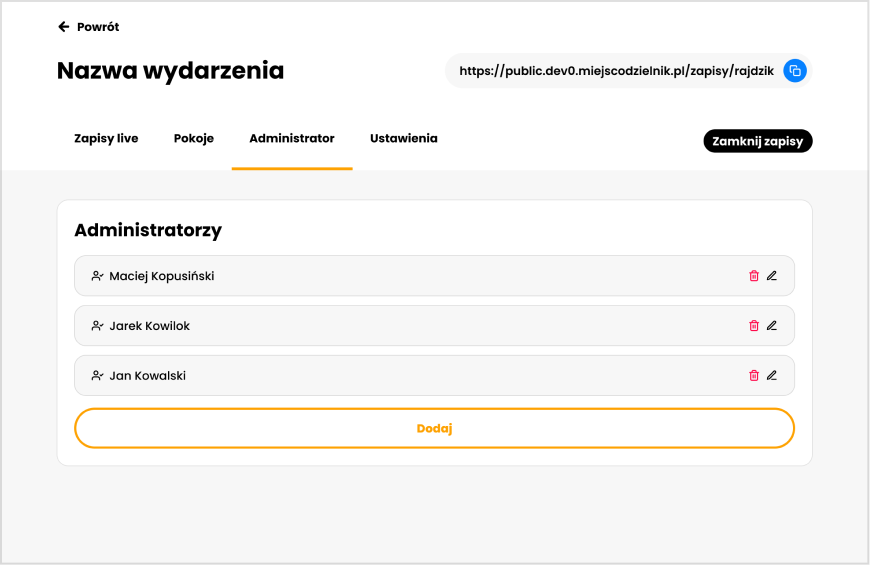 Dodawanie administratorów i pokoi
